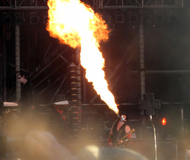 Kruspe during a performance of the Rammstein song "Feuer frei!"