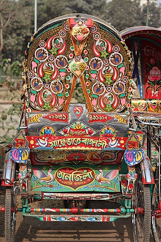 Traditionally, human-pulled rickshaws are decorated with colorful plastic sheets and other sustainable materials. Rickshaw decorations and rickshaw paintings are some of the most valuable cultural materials of the urban folklore of Bangladesh.