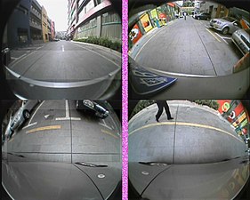 Input images; clockwise from upper left: views from the rear, forward, right, and left side cameras