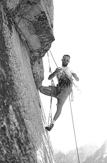 Royal Robbins aids the third pitch of the Salathe Wall during first ascent in 1961 Royal Robbins by Tom Frost.jpg