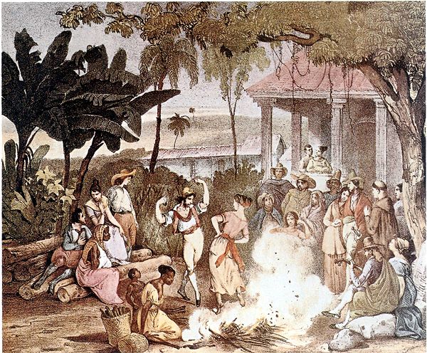 A Lundu performance in the 18th century, as depicted in a print from artist Rugendas Rugendas lundu 1835.jpg