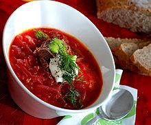 Borscht with beef, sour cream and fresh herbs Russian borscht with beef and sour cream.jpg