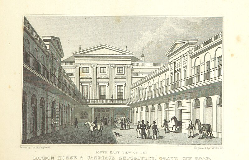 File:SE View of the London Horse and Carriage Repository, Gray's Inn Road - Shepherd, Metropolitan Improvements (1828), p213.jpg