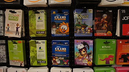 Gift card assortment in a convenience store.