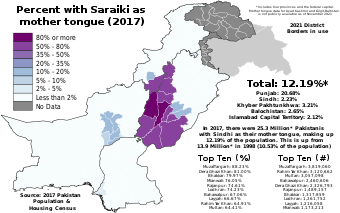 The proportion of people with Saraiki as their mother tongue in each Pakistani District as of the 2017 Pakistan Census
