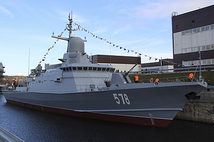 A Karakurt-class guided-missile corvette, capable of launching Kalibr or Oniks supersonic cruise missiles