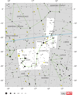 Diagram showing star positions and boundaries of the Scorpius constellation and its surroundings