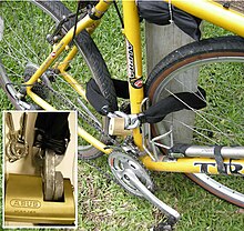 Proper use of a Case hardened security chain and monobloc padlock to secure a bicycle. Security Chain Wiki.jpg
