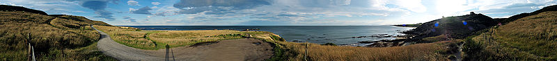 Panorama overlooking the area, on the north side of the mouth of the Shag River Shag Point.jpg