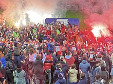 First Division Trophy presentation at Tolka Park Shelbourne Players lift the 2021 First Division Trophy.jpg