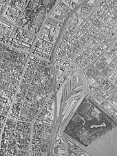 Luftansicht (Juni 1966), gut erkennbar der Güterbahnhof Shiodome