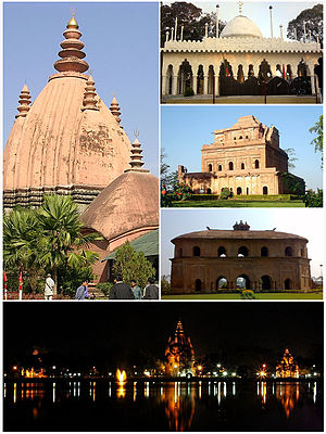 Ikut jam dari atas:Sivadol, Ajanpir Dargah, Garhgaon's Kareng ghar, Rang ghar dan gambaran malam tangki Sivasagar.