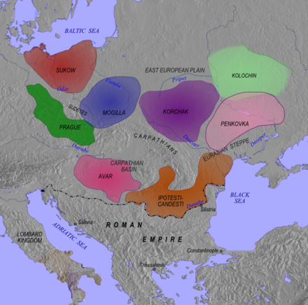 7th-century Slavic cultures (the Prague-Penkov-Kolochin complex). The Prague and the Mogilla cultures reflect the separation of the early Western Slavs (the Sukow-Dziedzice group in the northwest may be the earliest Slavic expansion to the Baltic Sea); the Kolochin culture represents the early East Slavs; the Penkovka culture and its southwestward extension, the Ipoteşti-Cândeşti culture, demonstrate early Slavic expansion into the Balkans, which would later result in the separation of the South Slavs, associated with the Antes people of Byzantine historiography. In the Carpathian basin, the Eurasian Avars began to be Slavicized during the Slavic settlement of the Eastern Alps.