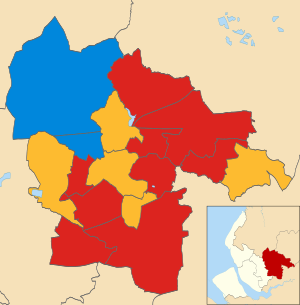 Map of the results of the 2008 St Helens Metropolitan Borough Council election. Labour in red, Liberal Democrats in yellow and Conservatives in blue. St Helens UK local election 2008 map.svg