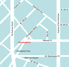 A color digital map of the Greenwich Village neighborhood surrounding the Stonewall Inn in relation to the diagonal streets that make small triangular and other oddly shaped city blocks