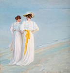 Michael Anchers version, Anna Ancher og Maria Krøyer går aftentur på Sønderstrand, 1897, 47,4 x 45,3 cm, Anchers hus, Skagen