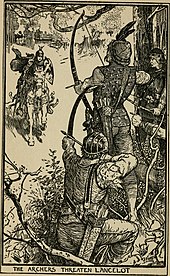 An illustration for Tales of the Round Table, abridged from Le Morte d'Arthur by Andrew Lang (1908): "Sir Lancelot did not stop, and the archers shot his horse with many arrows, but he jumped from its back and ran past them deeper into the wood." Tales of the Round table; based on the tales in the Book of romance (1908) (14580337558).jpg