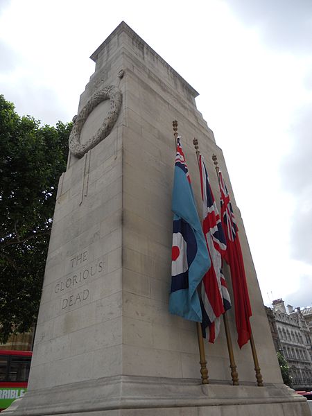 The Cenotaph, showing the Royal Air Force and Civil Ensign flanking the Union Jack.