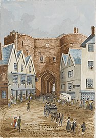 A watercolour of the South Gate by Mary Drew in 1818