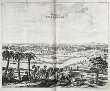 Drawing by Dutch missionary Philippus Baldaeus based on description of city in A True and Exact Description of the Most Celebrated East-India Coasts of Malabar and Coromandel and Also of the Isle of Ceylon, 1672 translated from Dutch The City of Amadabath (Ahmedabad) 1672.jpg