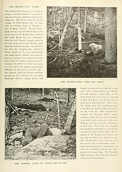 Two pictures of a group of Confederate dead in woods near the "Slaughter Pen" at the foot of Big Round Top. The Photographic History of The Civil War Volume 02 Page 259.jpg