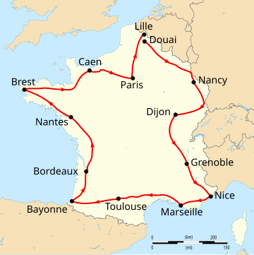 Map of France with the route of the 1906 Tour de France