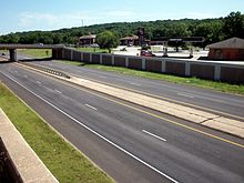 Bella Vista Way (US 71) at the Lancashire Boulevard (AR 340) exit in Bella Vista U.S. Route 71 at Highway 340 junction, Bella Vista, Arkansas.jpg