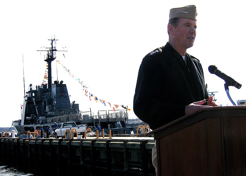 File:US Navy 050219-N-5881R-002 Commander, U.S. Second Fleet-NATO Striking Fleet Atlantic, Vice Adm. Mark Fitzgerald, delivers remarks at a departure ceremony for P-621, the 210-foot former U.S. Coast Guard Cutter Courageous.jpg