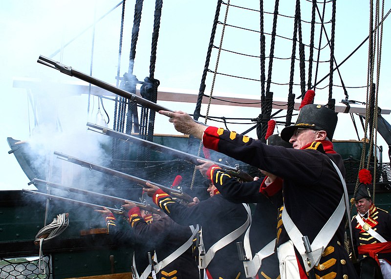 File:US Navy 060623-N-5367L-005 USS Constitution's 1812 Marine Guard fire vintage Springfield flintlock muskets during the ship's underway.jpg