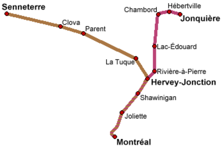 Train lines: L'"Abitibi" in yellow and "Saguenay" in red.