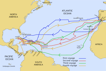 English: The routes of the four voyages of Col...