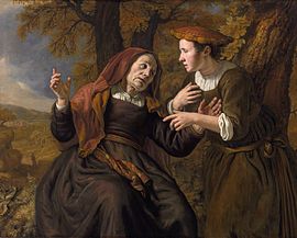 Ruth swearing her allegiance to Naomi label QS:Len,"Ruth swearing her allegiance to Naomi" label QS:Lpl,"Rut ślubująca Noemi wierność" label QS:Lfr,"Ruth vouant sa loyauté à Naomi" 1653. oil on canvas medium QS:P186,Q296955;P186,Q12321255,P518,Q861259 . 108.6 × 137.2 cm (42.7 × 54 in). Private collection institution QS:P195,Q768717 .