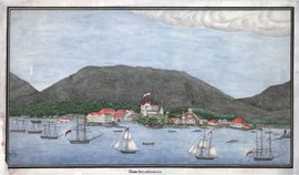 The Russian-American Company's capital at New Archangel (present-day Sitka, Alaska) in 1837 (Source: Wikimedia)