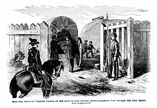 Union soldiers search farmers' wagons at one of the gates entering Fort Runyon, which sat directly atop the turnpike crossing Long Bridge. Wagons at runyon.jpg