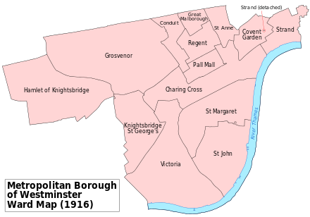 Map showing two Knightsbridge wards of Westminster Metropolitan Borough (to the west) as they appeared in 1916