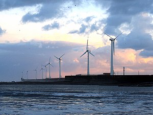 Wind turbines on Blyth East Pier - geograph.org.uk - 1727906.jpg