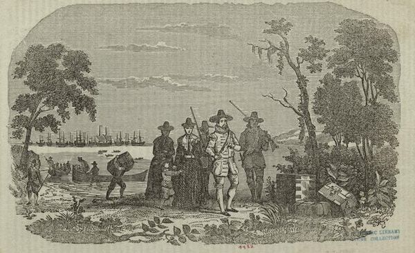 Engraving showing Winthrop's arrival at Salem