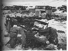 Many destroyed or damaged trucks scattered around a field. Snow and dirt cover everything.