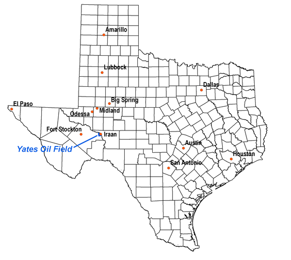 Location of the Yates Oil Field in Texas, showing major and nearby cities. Black lines are county boundaries. Yates.png