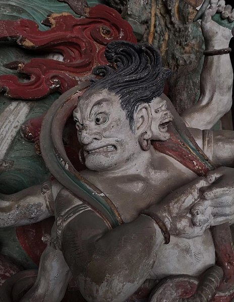 File:Yuan Dynasty (元) statue of Kundali (軍荼利明王; 军荼利明王; Juntuli Mingwang) one out of two Wisdom Kings, or vidyaraja (明王; Mingwang), in Fusheng Temple (福勝寺; 福胜寺), Yuncheng, Shanxi, China Picture 4.jpg