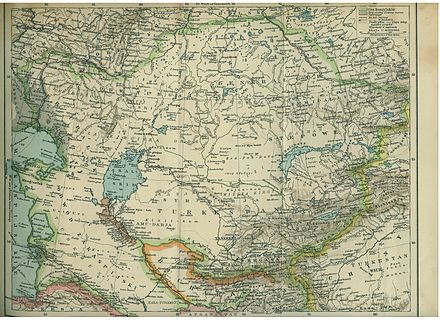Map from a 1903 Polish encyclopedia showing the Naiman people living north of Lake Balkhash in eastern Kazakhstan