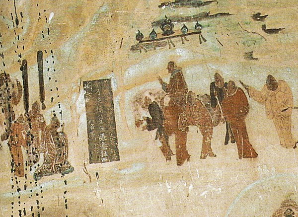 Emperor Wu dispatching Zhang Qian to Central Asia from 138 to 126 BCE, Mogao Caves mural, 618–712 CE.