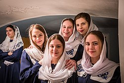 Christian women wearing headcoverings at an Easter church service in Saint Petersburg, Russia Studentki regentskogo otdeleniia fakul'teta tserkovnykh iskusstv.jpg