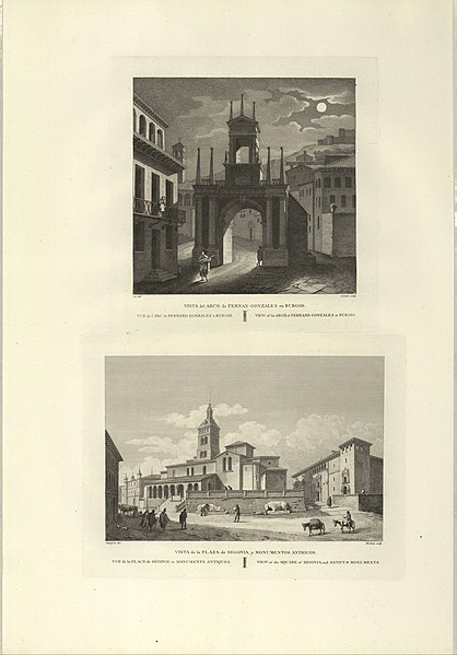 File:1806-1820, Voyage pittoresque et historique de l'Espagne, tomo II, Vista del arco de Fernan-Gonzales en Burgos. Vista de la plaza de Segovia y monumentos antiguos.jpg