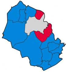 Map showing the party of the candidate with the most votes in each ward 1979 Runnymede Map.png