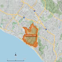 A map of the roughly rectangular fire perimeter (with several protrusions) in orange, showing surrounding communities and 