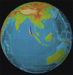 Simulation numérique du tsunami dû au séisme du 26 décembre 2004 dans l'océan Indien. (définition réelle 300 × 300)