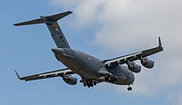 A US Air Force C-17 Globemaster III, tail 00-0171, on final approach to Kadena Air Base in Okinawa, Japan. It is assigned to the 176th Wing of the Alaska Air National Guard, and is originally from Joint Base Elmendorf–Richardson in Anchorage, Alaska.