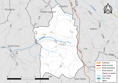 Carte en couleur présentant le réseau hydrographique de la commune