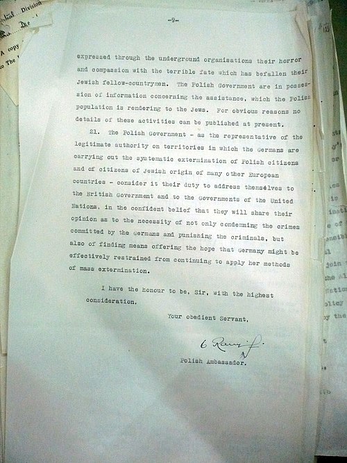 Last page "Raczyński's Note" - official note of Polish government-in-exile to Anthony Eden 10 December 1942.